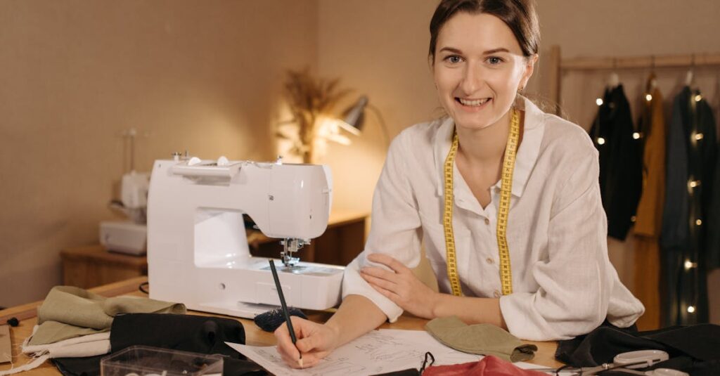 A smiling seamstress working at her table with sewing tools and fabric, promoting a small business atmosphere.