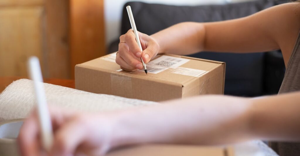 Close-up of hands labeling a cardboard box for online shipping from a home office.
